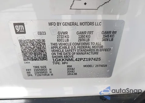 2023 GMC Acadia Fwd Slt из США, поврежденный, VIN 1GKKNML42PZ197425